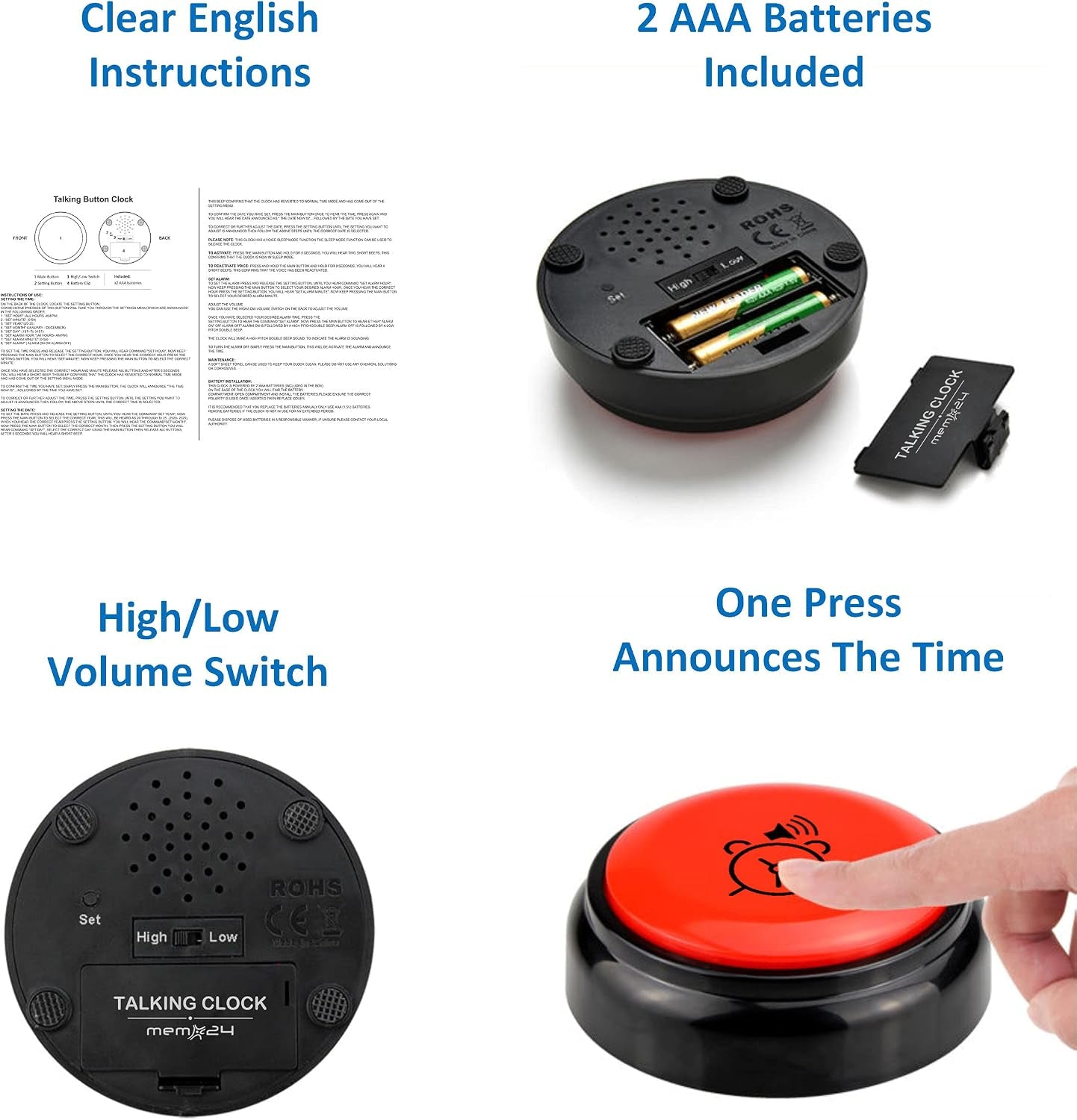 Talking Button Alarm Clock for the Blind and Visually Impaired, Elderly & Dementia Sufferers. English Male Voice Announces Time/Day/Date, Volume Control Switch, Batteries Included.