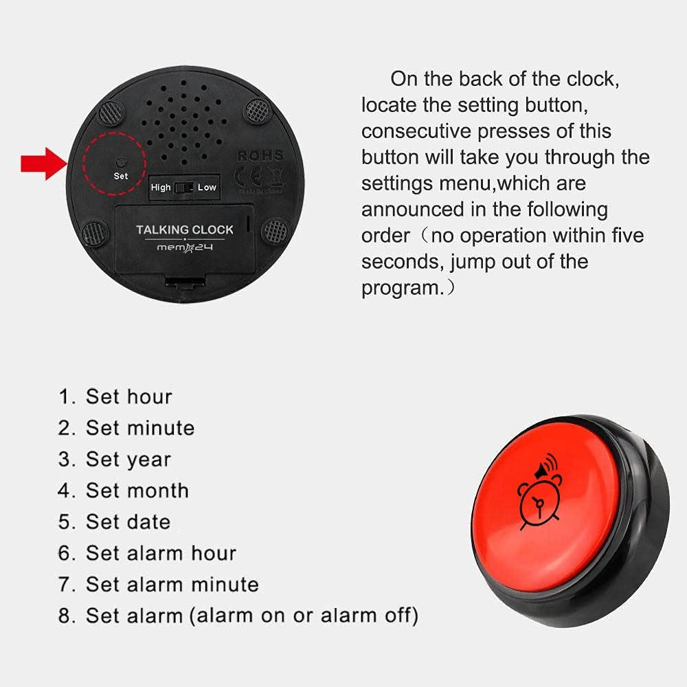 Talking Button Alarm Clock for the Blind and Visually Impaired, Elderly & Dementia Sufferers. English Male Voice Announces Time/Day/Date, Volume Control Switch, Batteries Included.