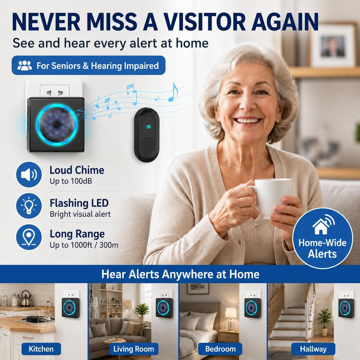 Flashing Doorbells for Deaf, 1000Ft Plug in Door Bell Wireless, Loud Doorbells with 5 Adjustable Volume, IPX5 Waterproof Button, Dual Sensory Alerts for Elderly/Seniors/Visually Impaired