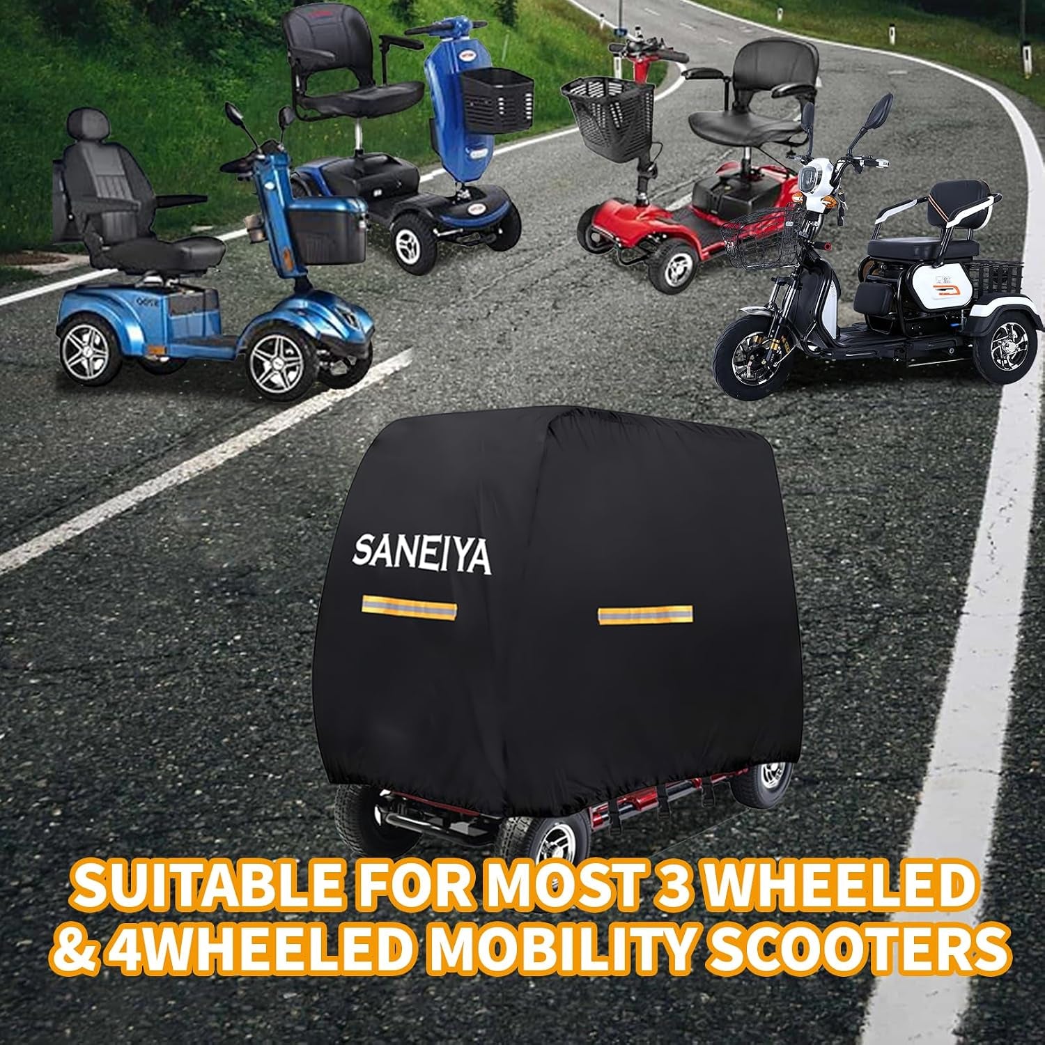 Mobility Scooter Covers for outside Storage, 420D Oxford Fabric Scooter Rain Cover Waterproof, Elastic Strap and Reflective Strips, 3 Buckles with Storage Bag (144 * 68 * 99Cm)