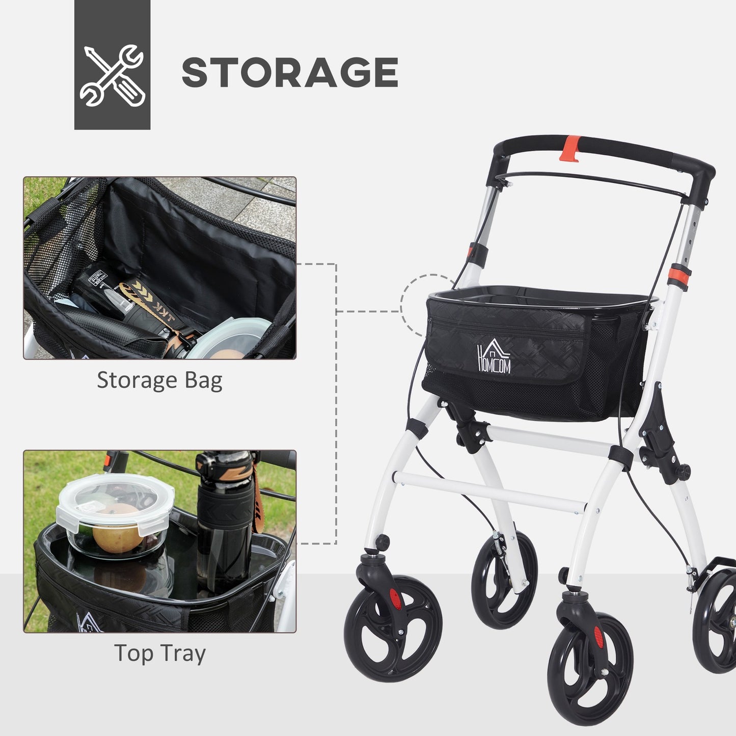 Folding Rollator Walker with Bag, Tray, Adjustable Height, for Seniors, White
