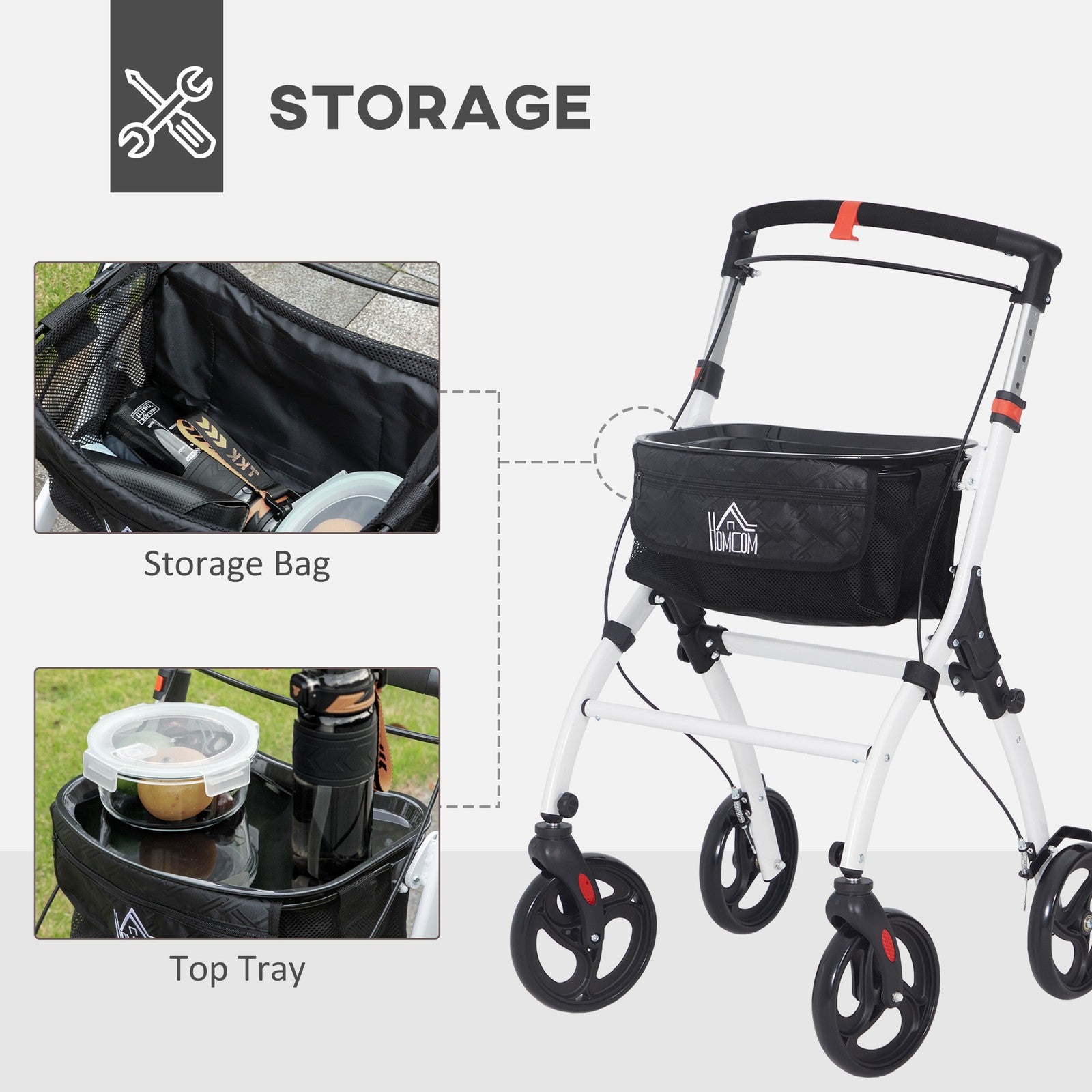 Folding Rollator Walker with Bag, Tray, Adjustable Height, for Seniors, White