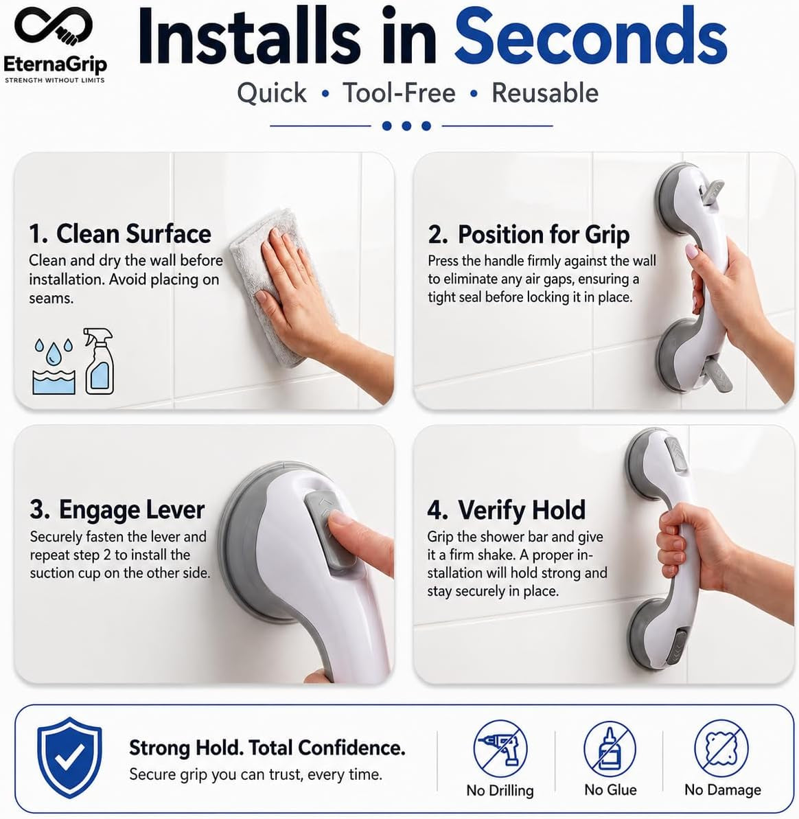 Suction Grab Rails for Bathroom – Shower Handle for Elderly, Strong Locking Suction Shower Grab Rail, Bathroom Safety Hand Rail, Portable Bath Handle for Shower & Bathroom Support