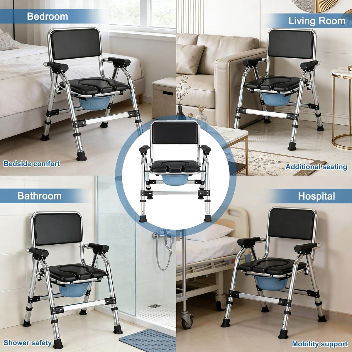 Bedside Commode Toilet Chair, Folding, Padded, Height Adjustable