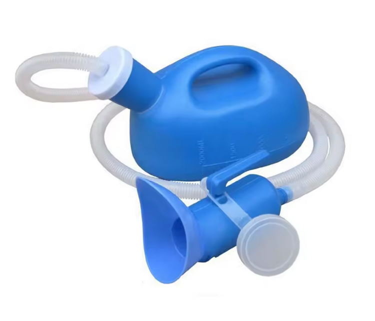 Blue portable urinal bottle with handle, coiled extension hose and blue funnel attachment.