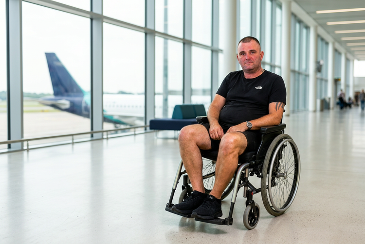 Phil in his wheelchair in a bright airport terminal